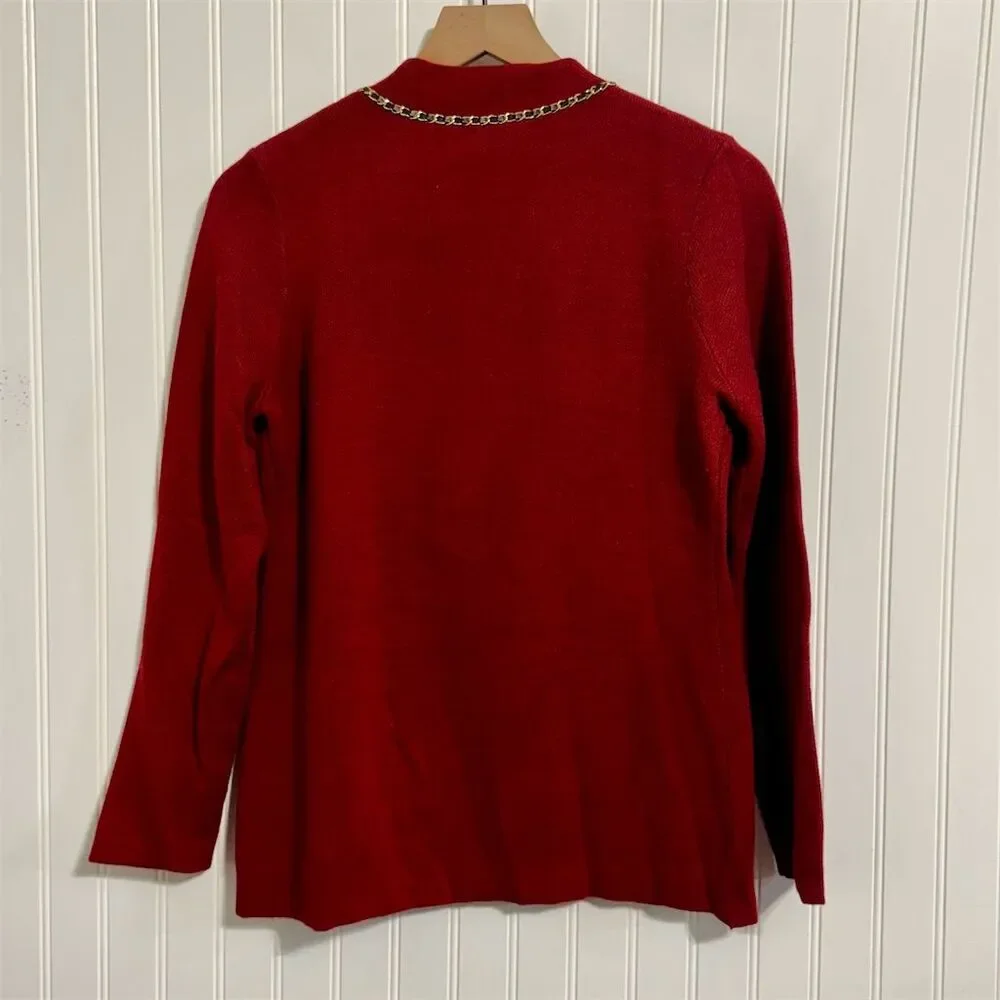 NWT New York & Company Cardigan Sweater XS Red Gold Chain Trim OpenFront Holiday
